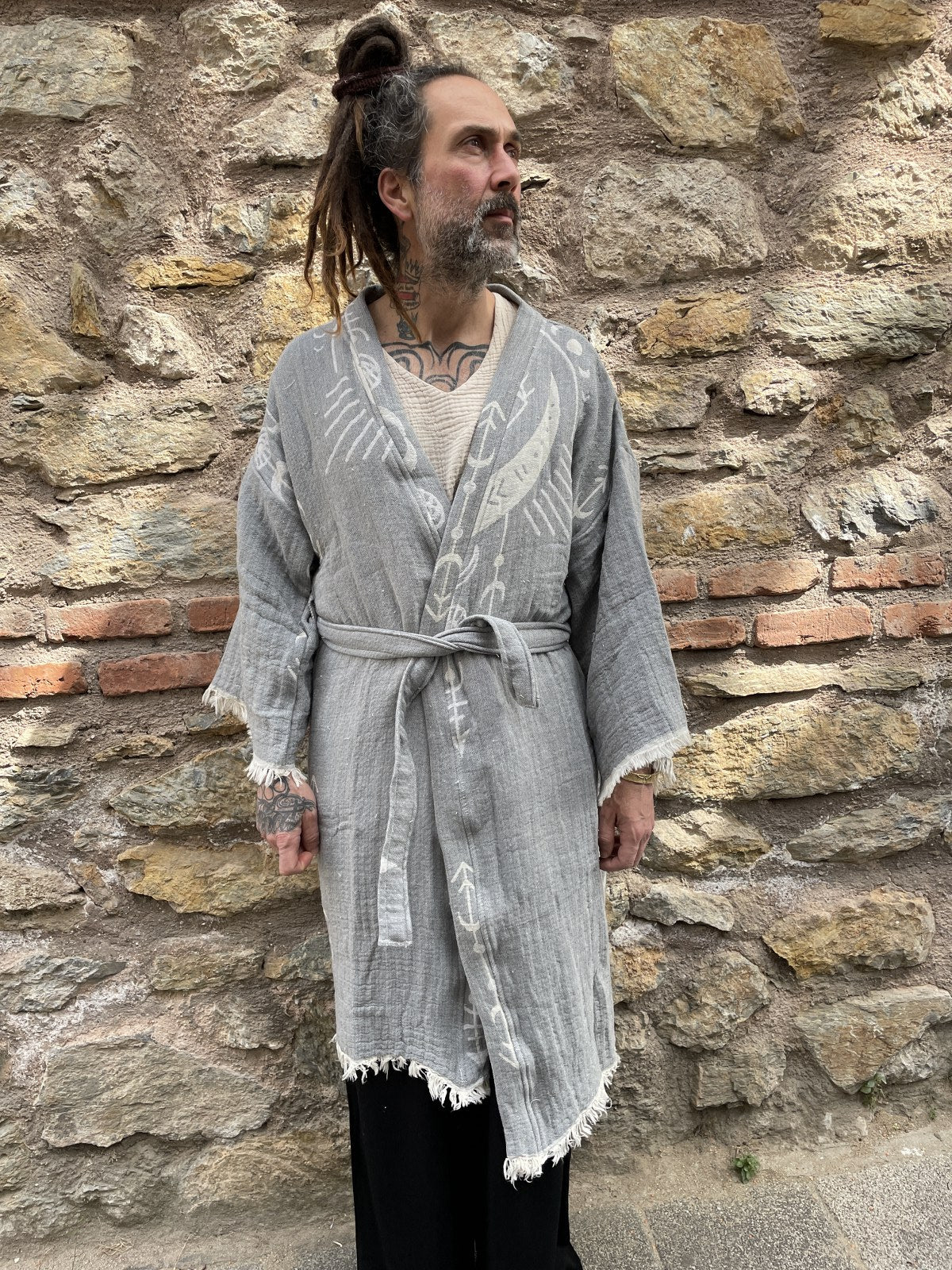 Festival Gri Göz Desenli Uzun Erkek Kimono Ceket Bornoz Kaftan