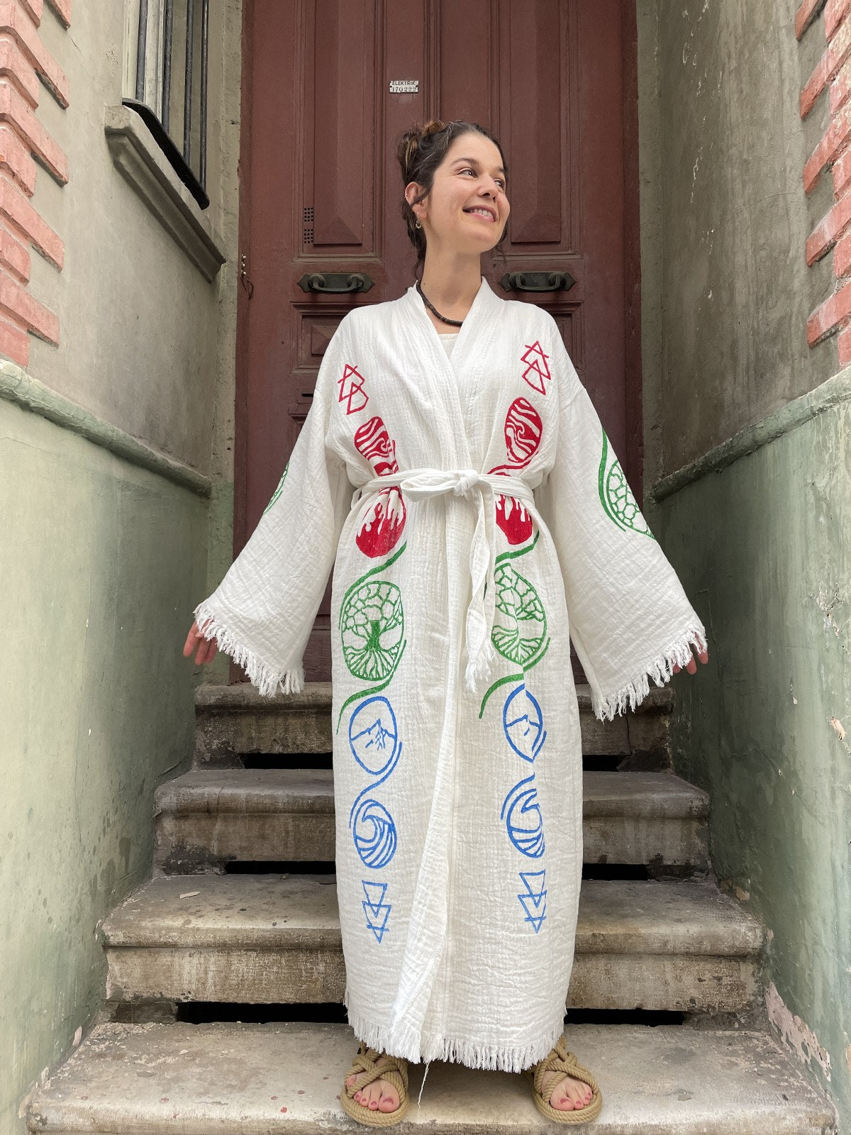 Unisex Desenli Doğal Kumaş Kimono Bornoz Kaftan, Festival Kaftan