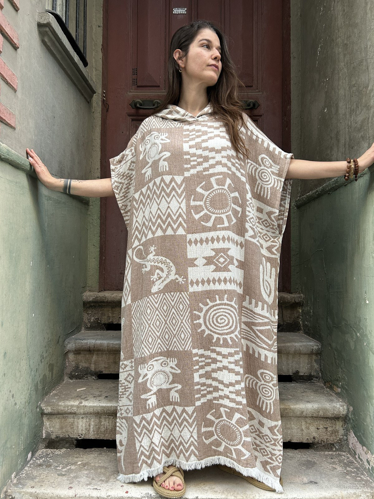 Bohem Desenli Uzun Panço Kaftan Kimono