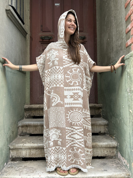 Bohem Desenli Uzun Panço Kaftan Kimono