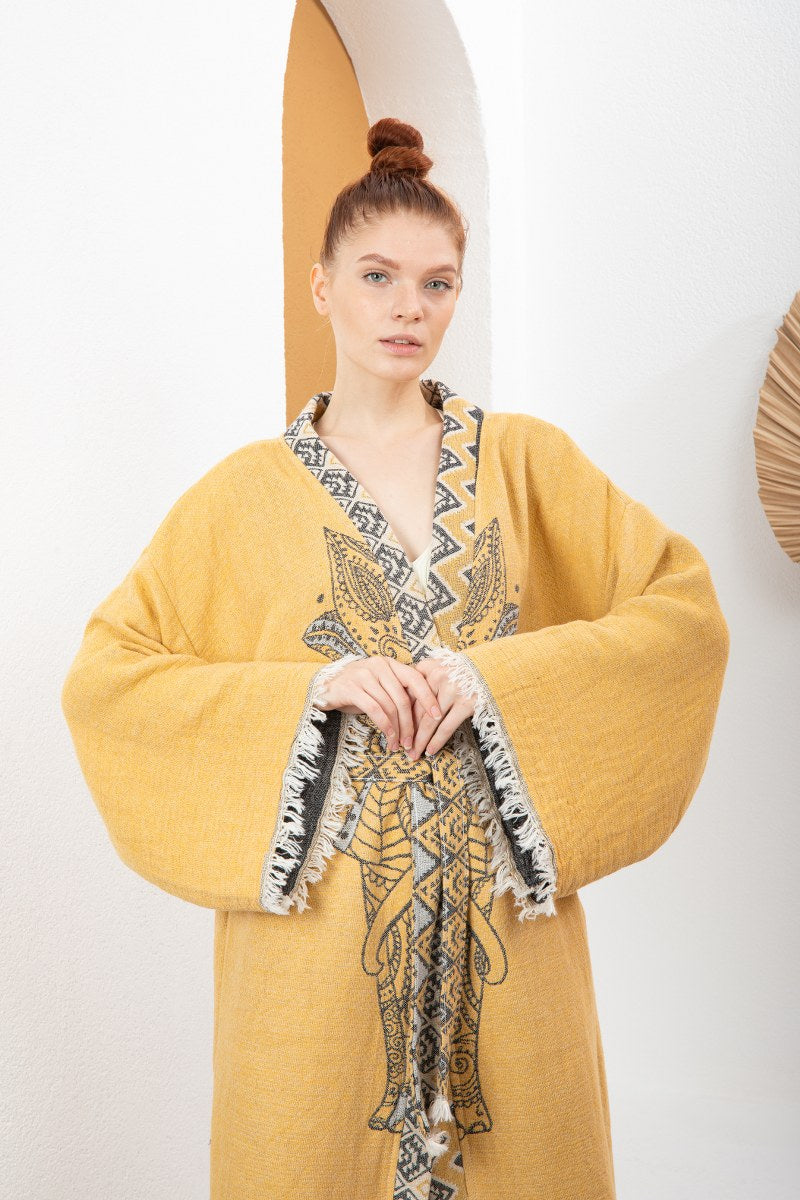 Sarı Bohem Kadın Fil Desenli Doğal Kumaş Kimono Bornoz Kaftan