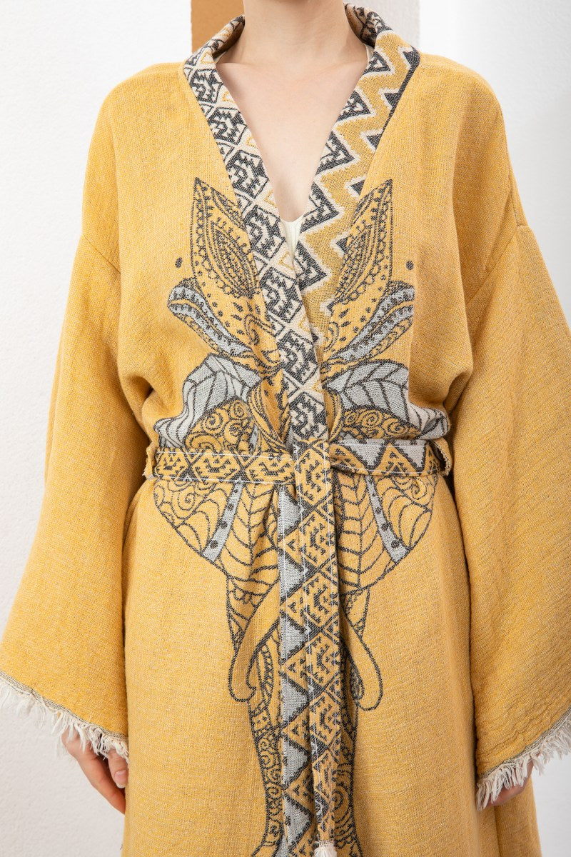 Sarı Bohem Kadın Fil Desenli Doğal Kumaş Kimono Bornoz Kaftan