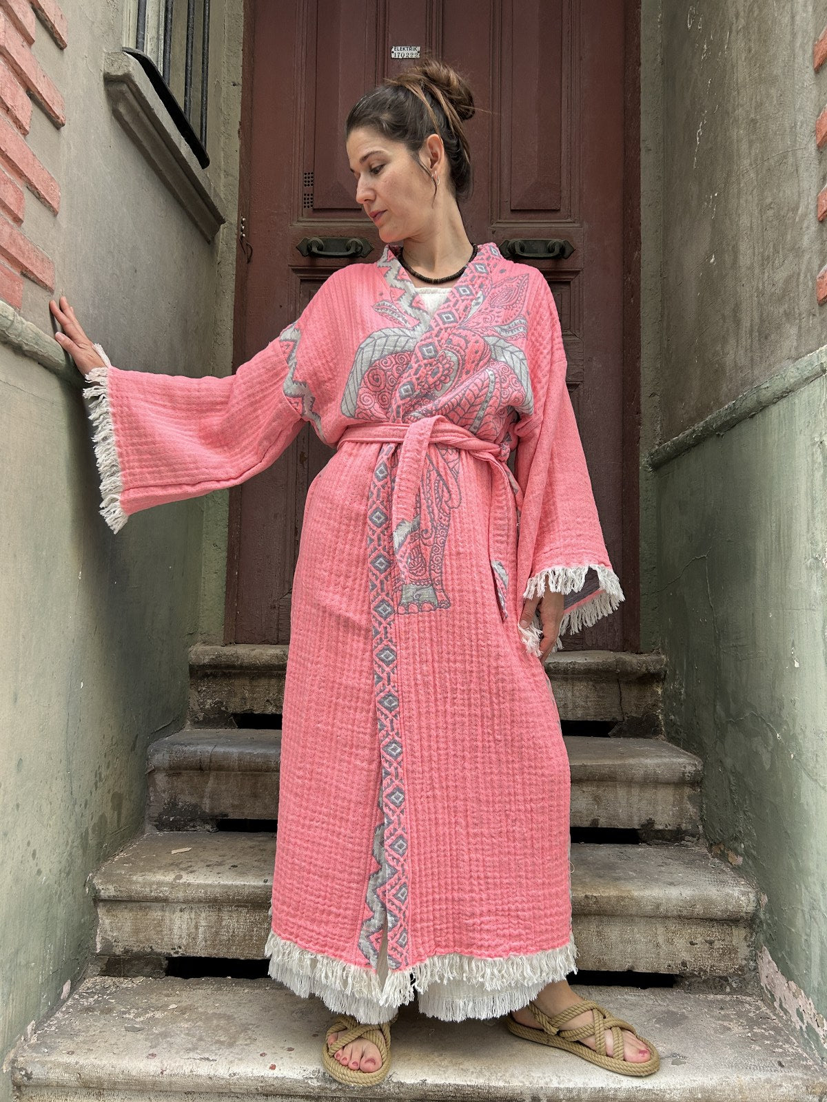 Renkli Kadın Neon Fil Desenli Doğal Kumaş Kimono Bornoz Kaftan