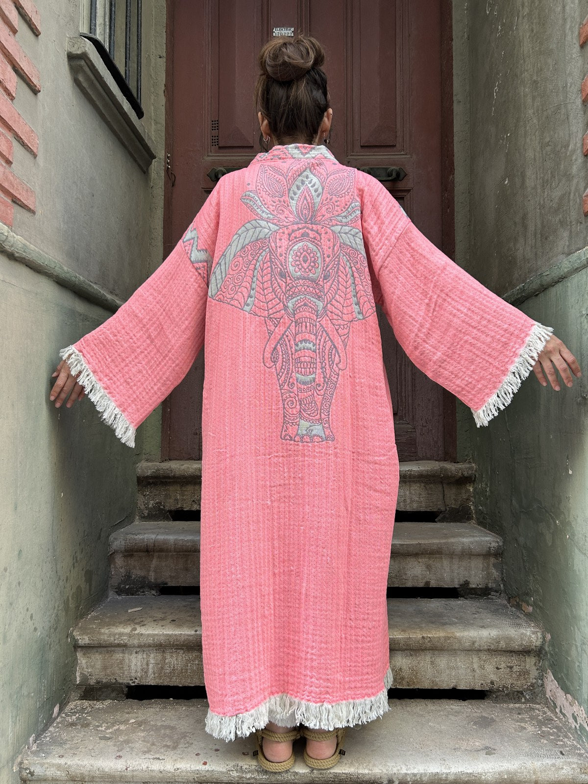 Renkli Kadın Neon Fil Desenli Doğal Kumaş Kimono Bornoz Kaftan