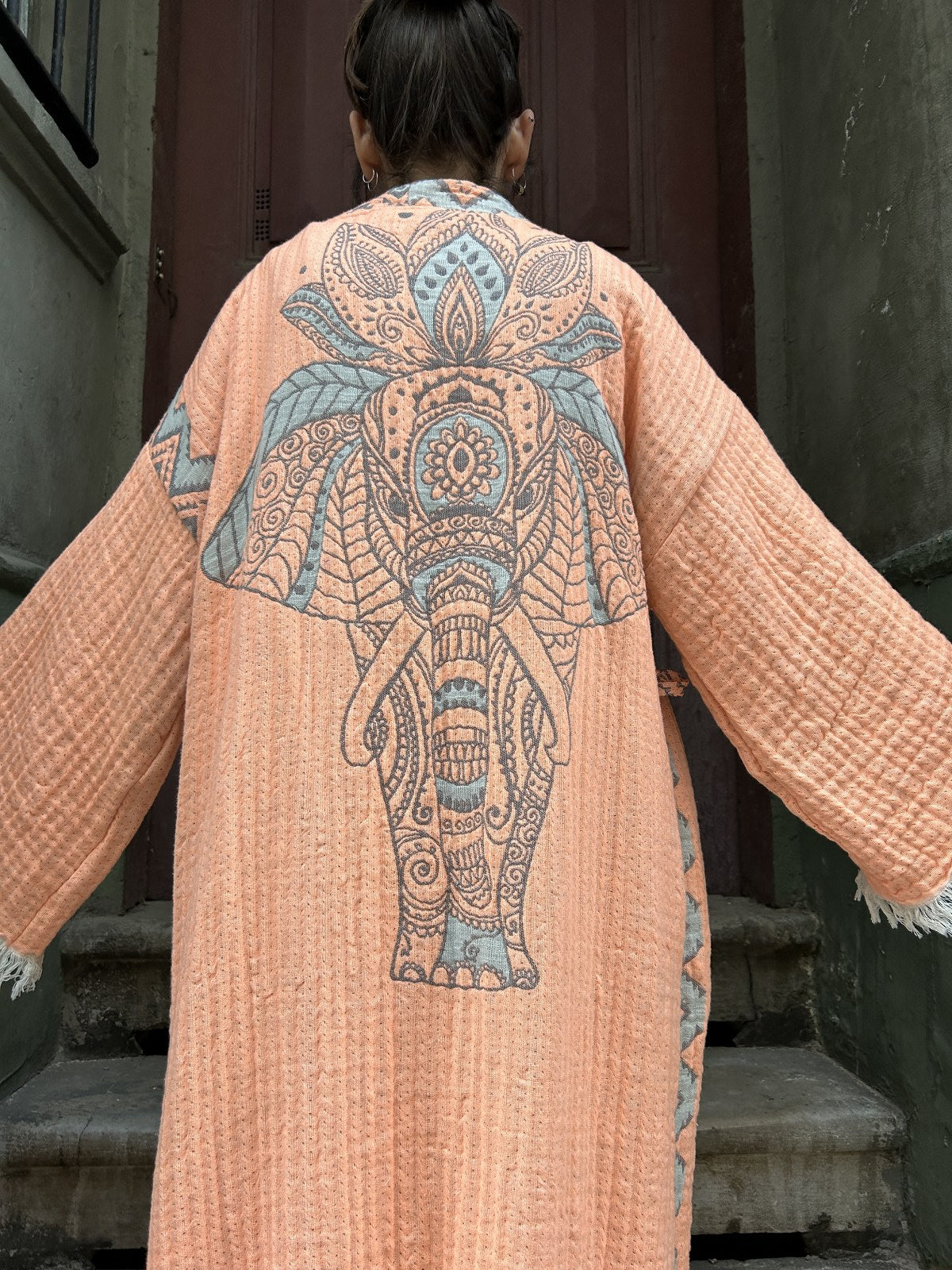 Renkli Kadın Neon Fil Desenli Doğal Kumaş Kimono Bornoz Kaftan