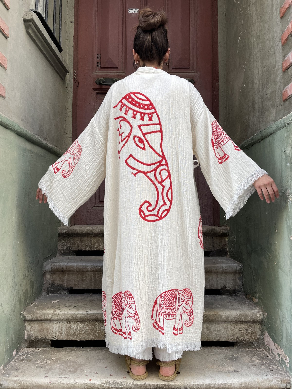 Unisex Fil Desenli Doğal Kumaş Kimono Bornoz Kaftan