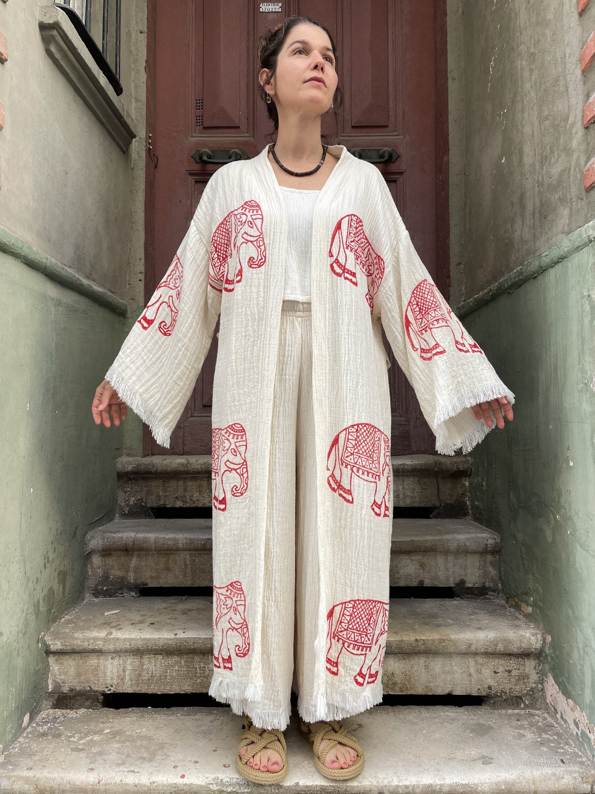 Unisex Fil Desenli Doğal Kumaş Kimono Bornoz Kaftan