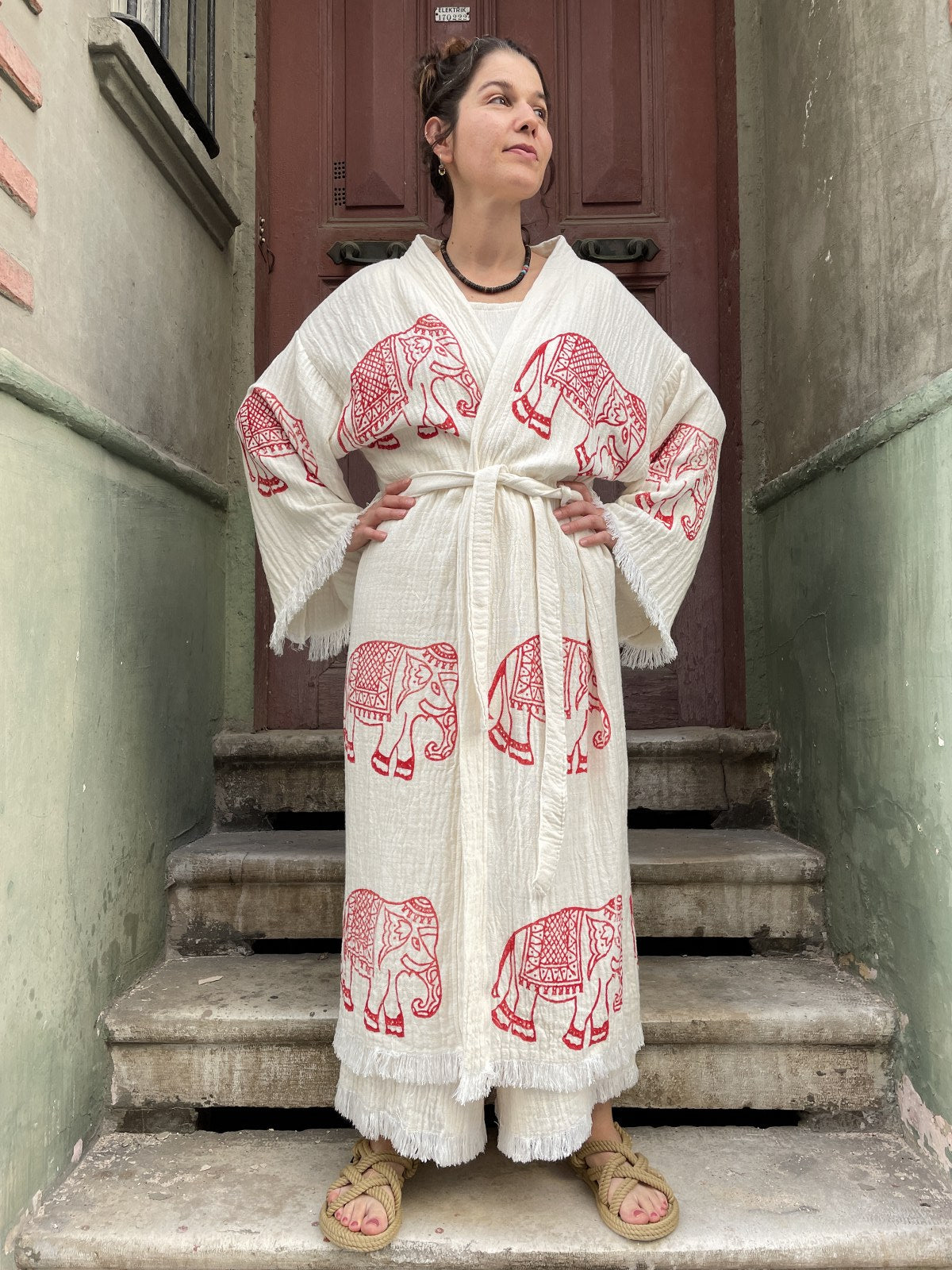 Unisex Fil Desenli Doğal Kumaş Kimono Bornoz Kaftan