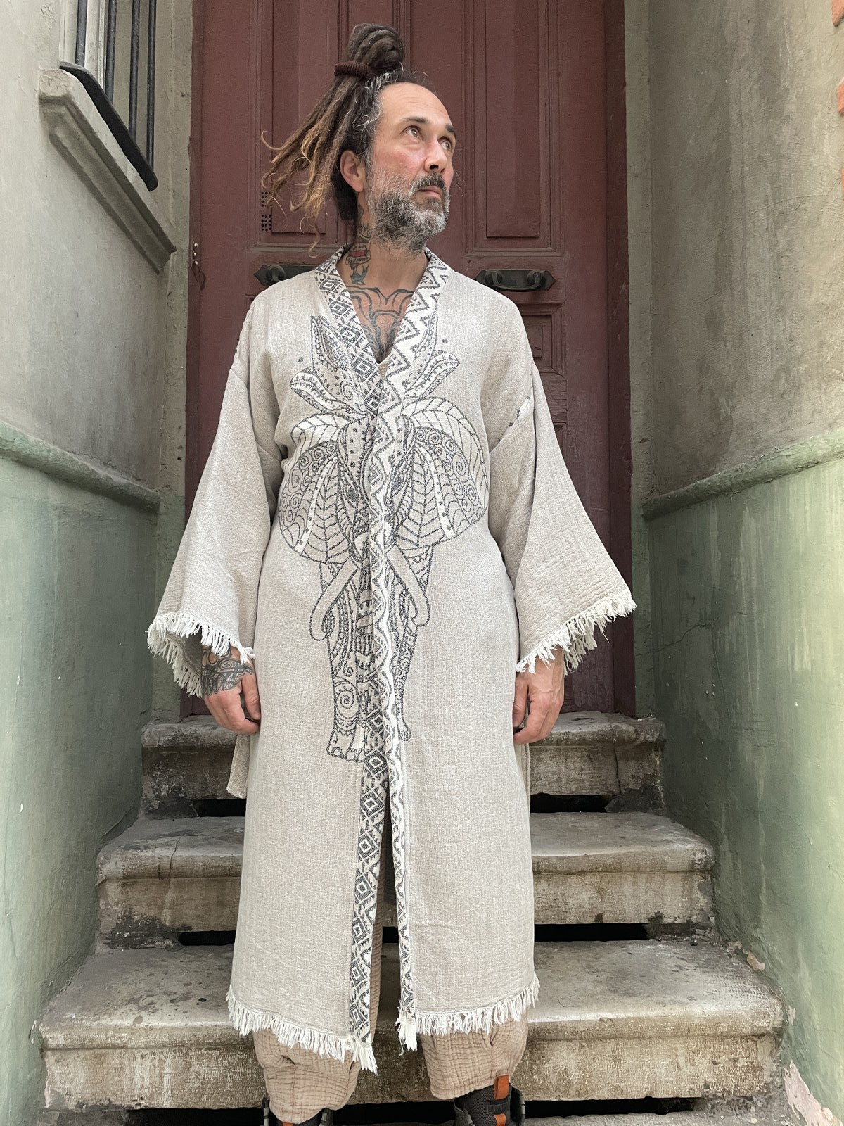 Fil Desenli Uzun Kimono Ceket Bornoz