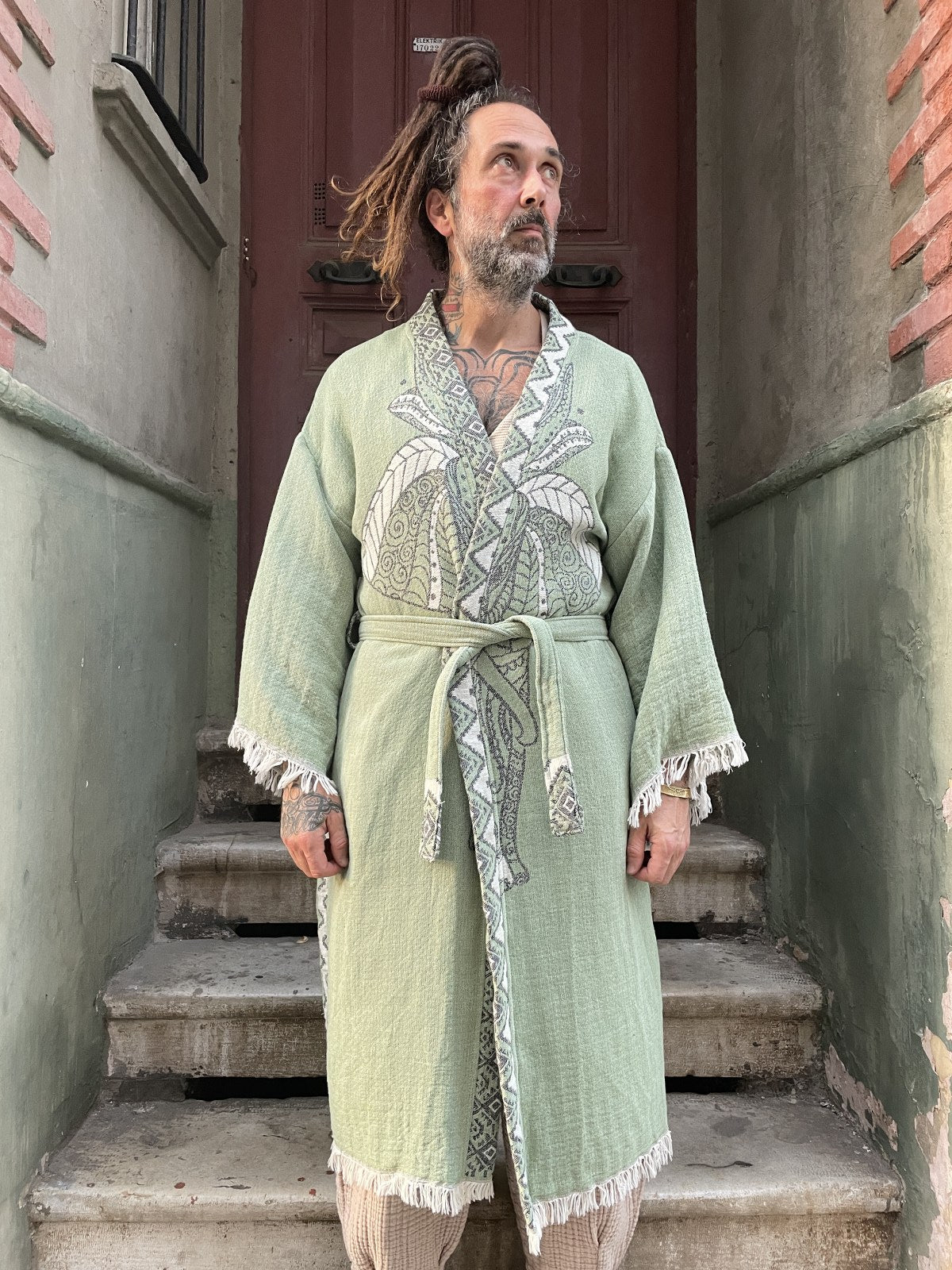 Fil Desenli Uzun Kimono Ceket Bornoz