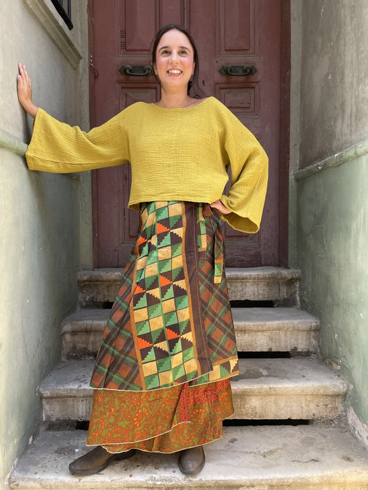 Çift Taraflı Nepal İpek Etek – El Yapımı, Geometrik & Bohem Stil