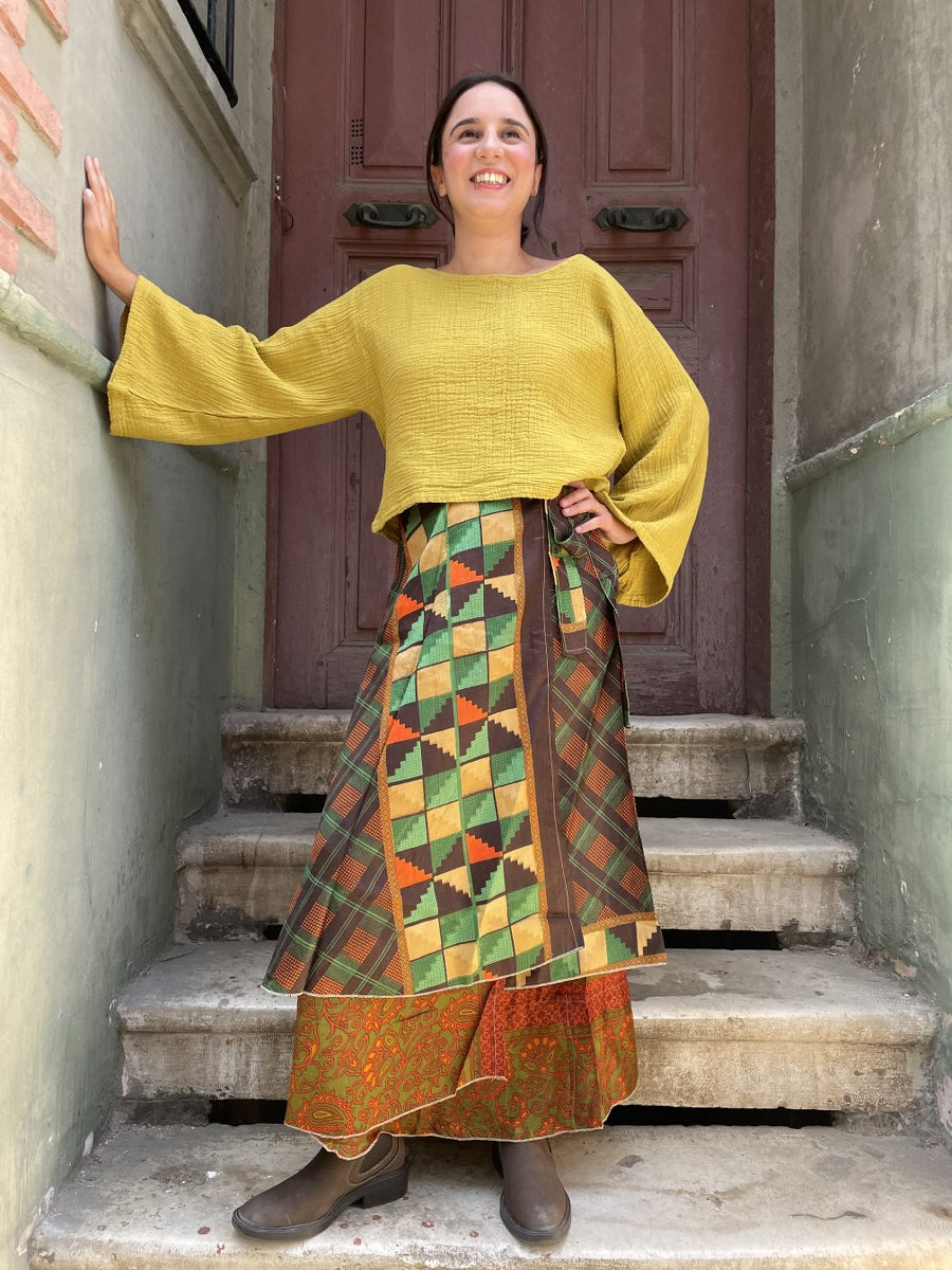 Çift Taraflı Nepal İpek Etek – El Yapımı, Geometrik & Bohem Stil