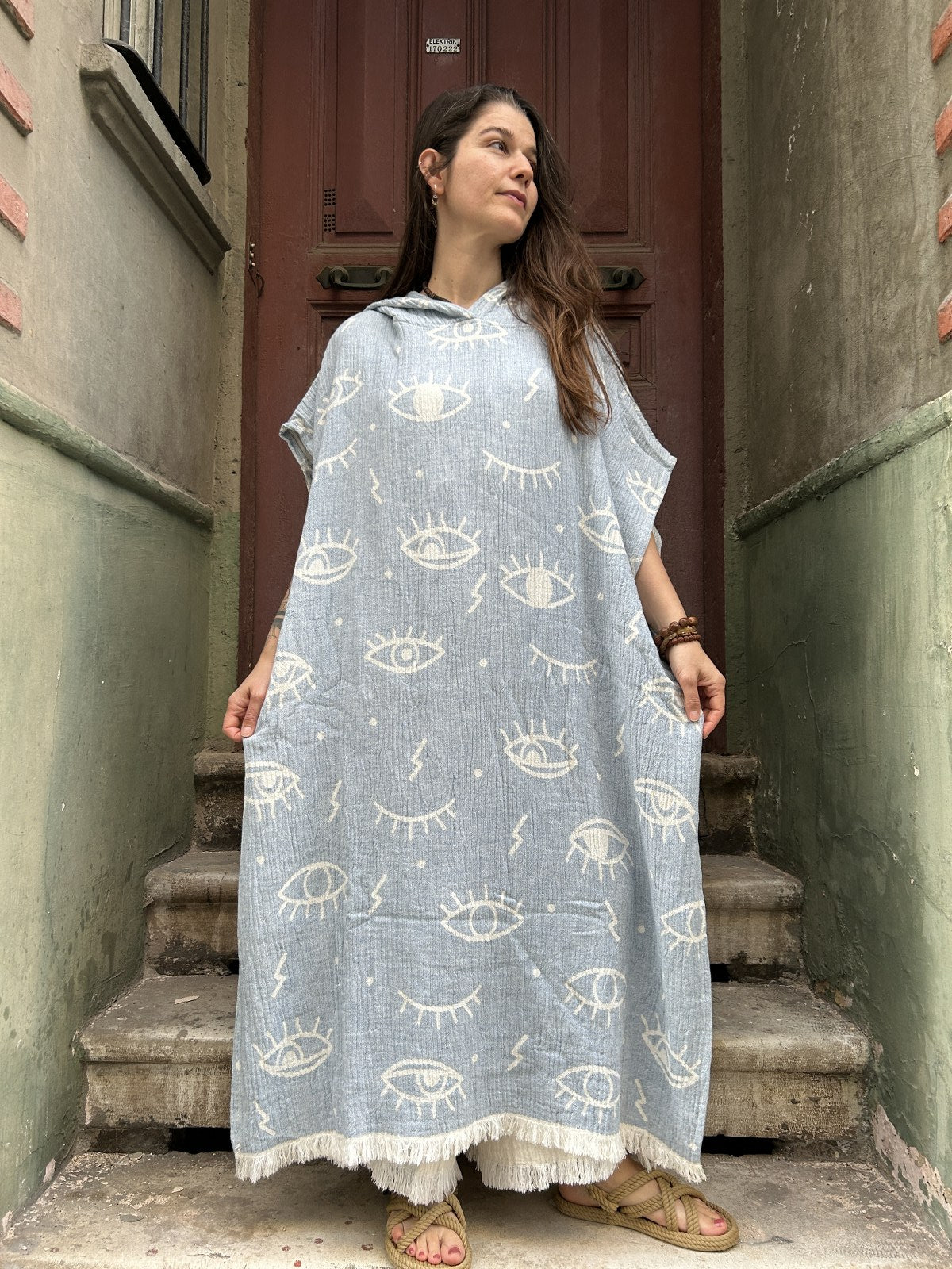 Bohem Göz Desenli Uzun Panço Kaftan Kimono