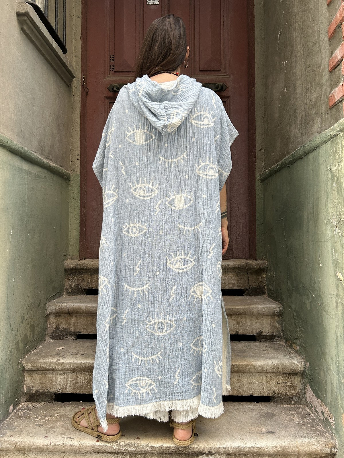 Bohem Göz Desenli Uzun Panço Kaftan Kimono