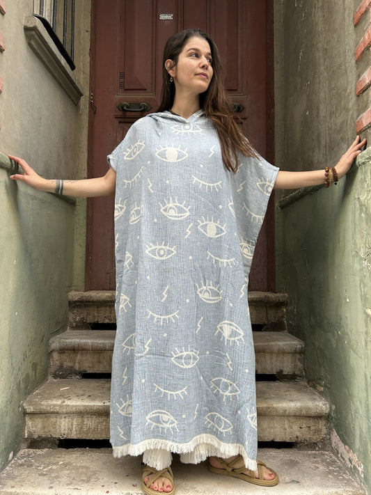 Bohem Göz Desenli Uzun Panço Kaftan Kimono