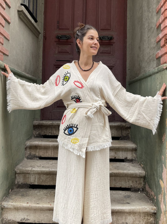 Renkli Gözler Bohem Kadın Yoga Doğal Kumaş Kimono Takım Yoga Takımı