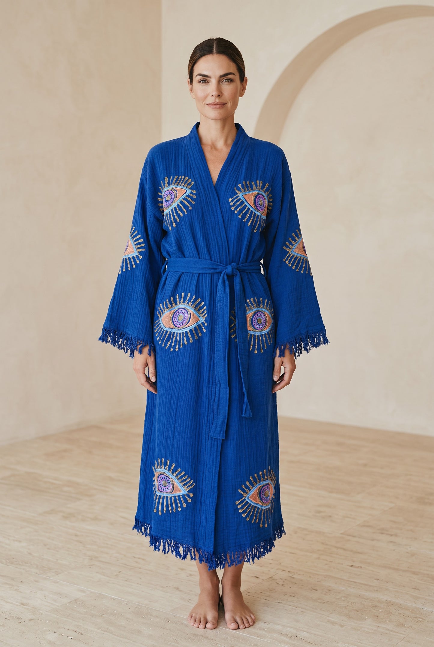 Göz Desenli Müslin Kimono Kaftan – Mavi