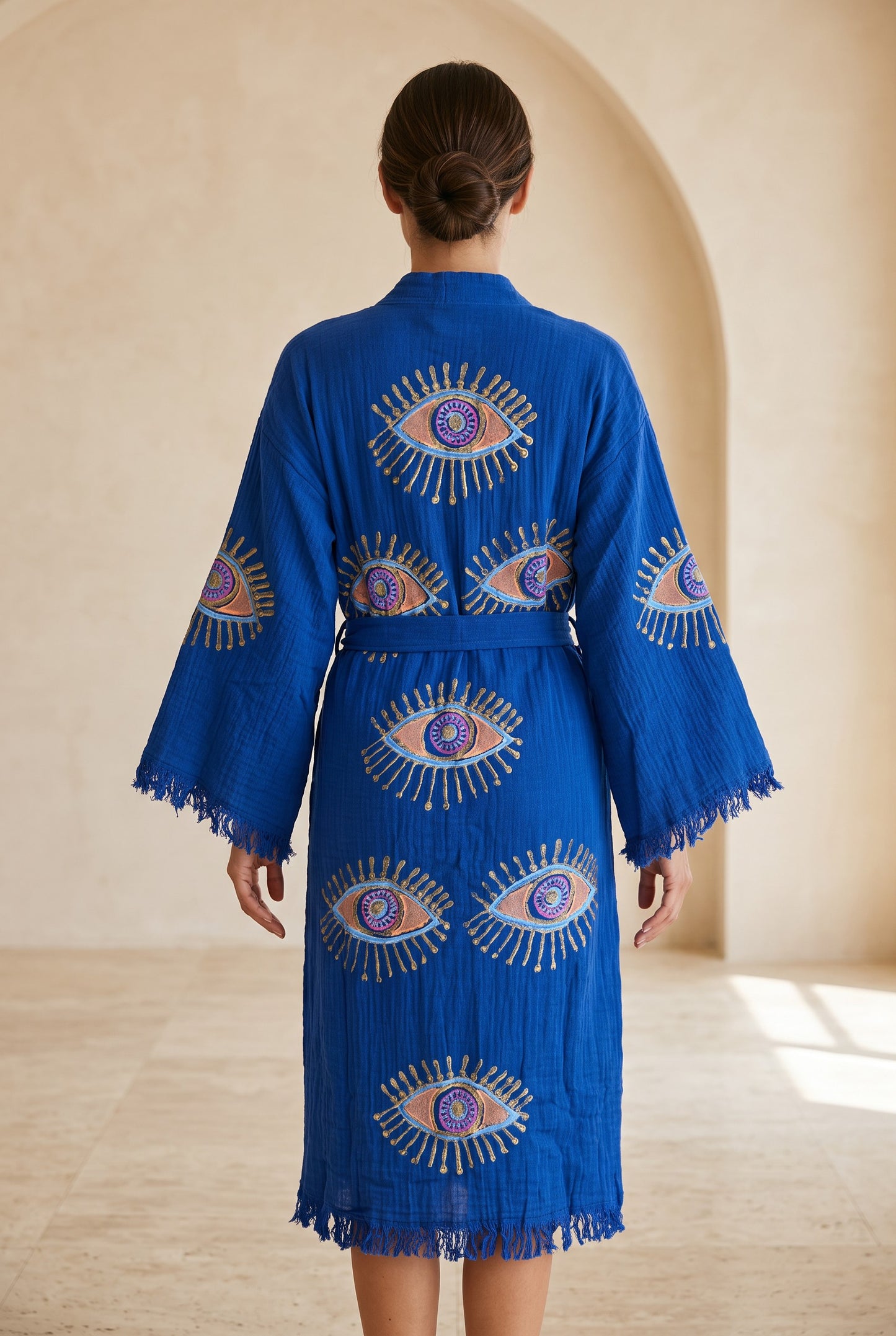 Göz Desenli Müslin Kimono Kaftan – Mavi