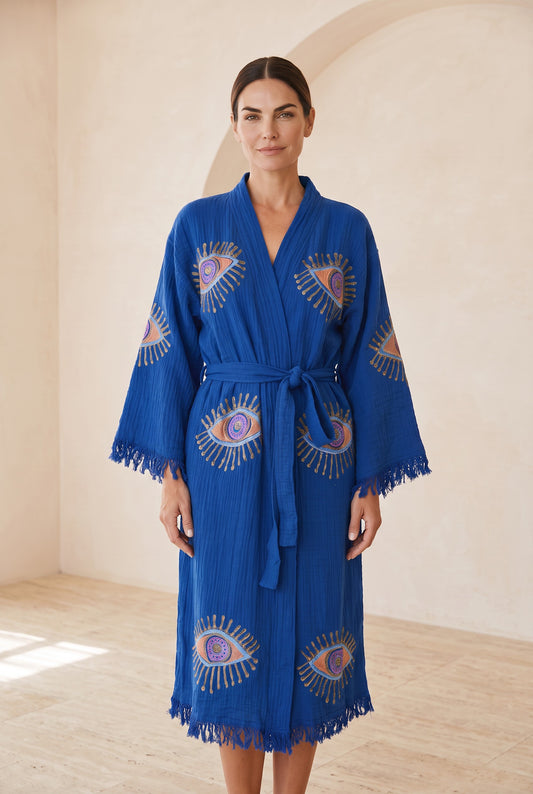 Göz Desenli Müslin Kimono Kaftan – Mavi