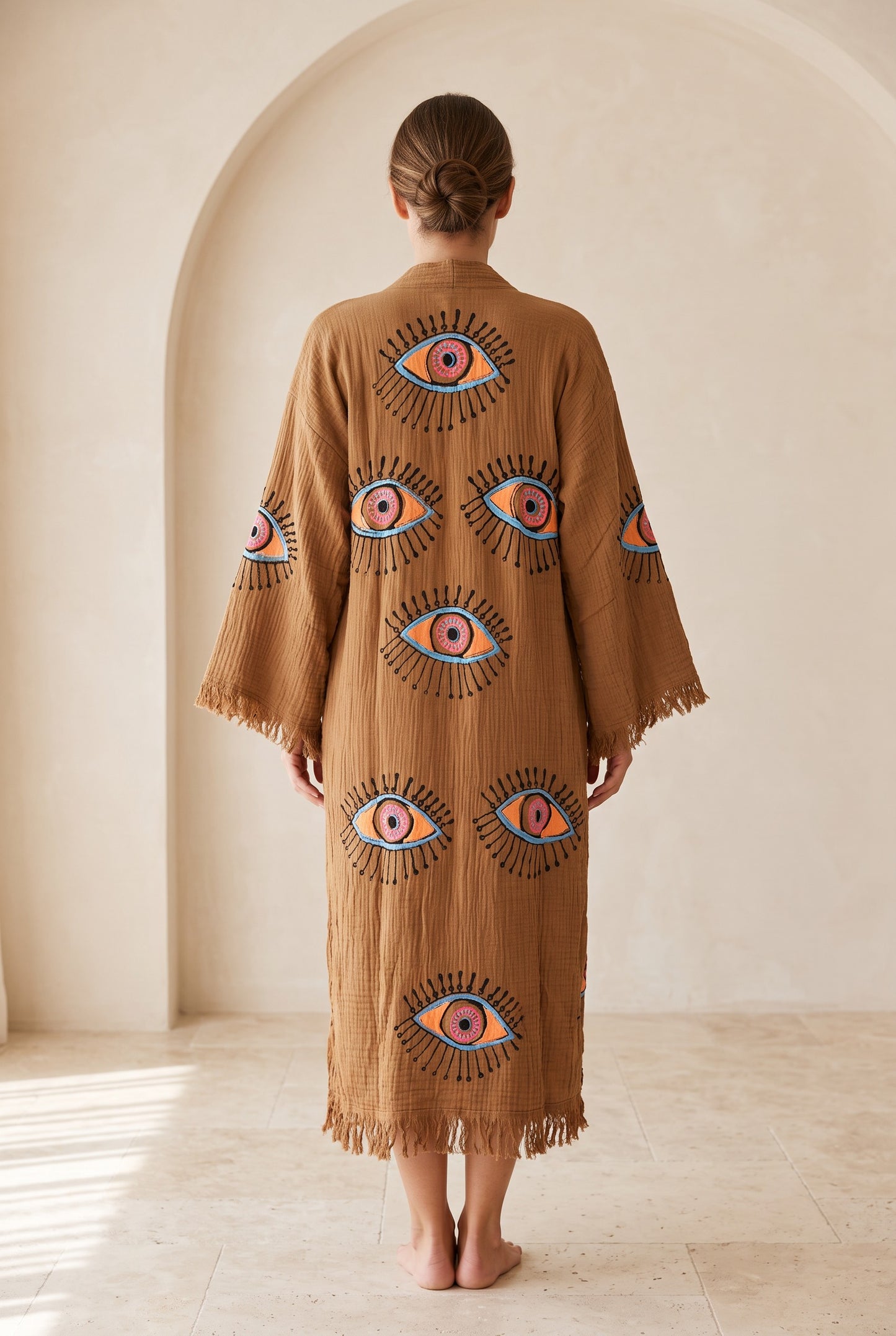 Göz Desenli Müslin Kimono Kaftan – Kahve