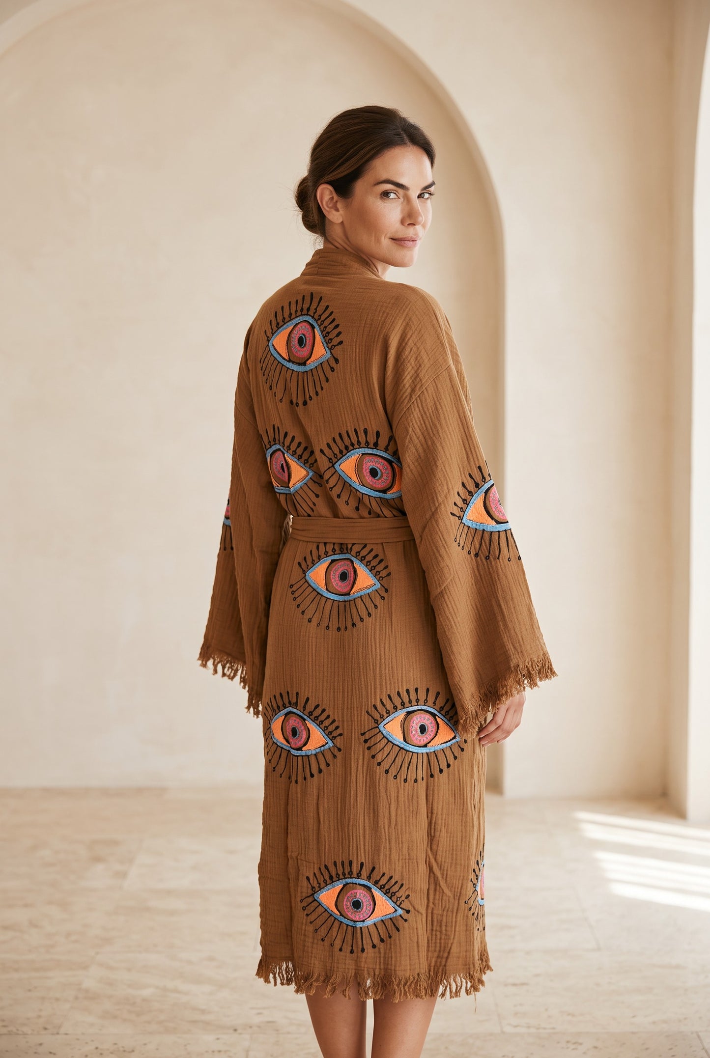 Göz Desenli Müslin Kimono Kaftan – Kahve