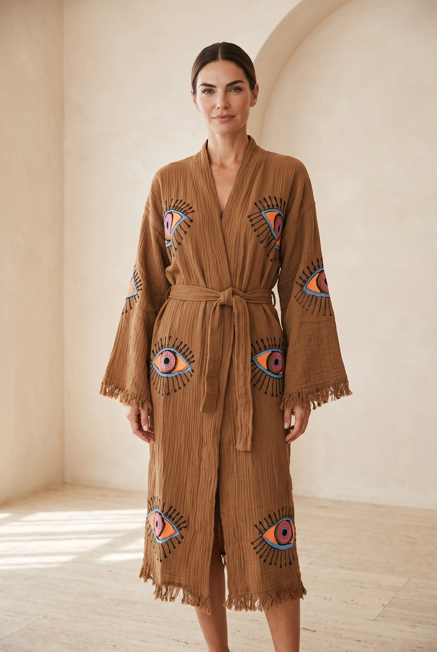 Göz Desenli Müslin Kimono Kaftan – Kahve