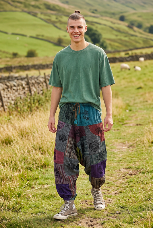 Unisex Nepal Patchwork Şalvar Pantolon – Gri Mor, Salaş Tasarım