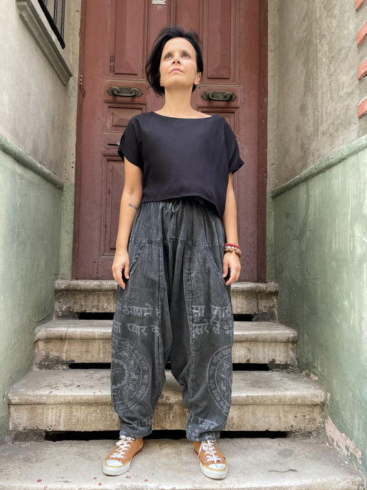 Unisex Nepal Yazılı Desenli Bol Kadın Şalvar Pantolon