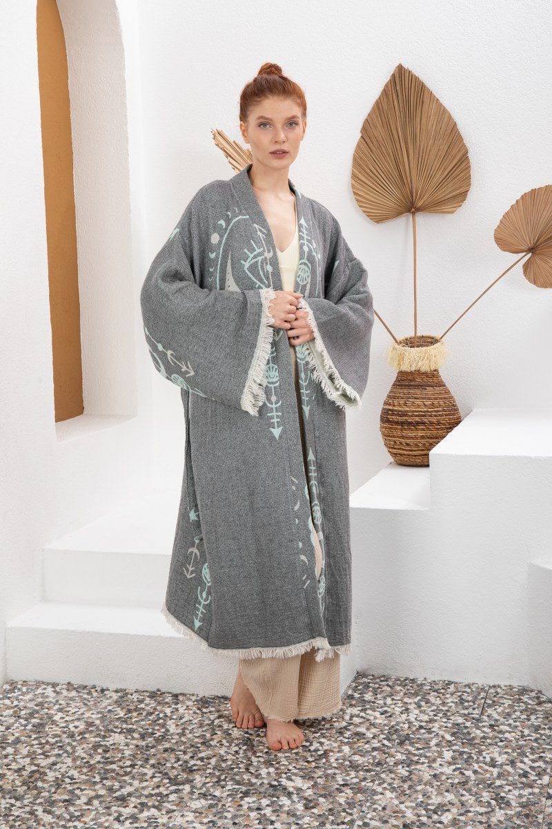 Gri Yeşil Bohem Kadın Göz Desenli Doğal Kumaş Kimono Bornoz Kaftan