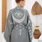 Gri Yeşil Bohem Kadın Göz Desenli Doğal Kumaş Kimono Bornoz Kaftan