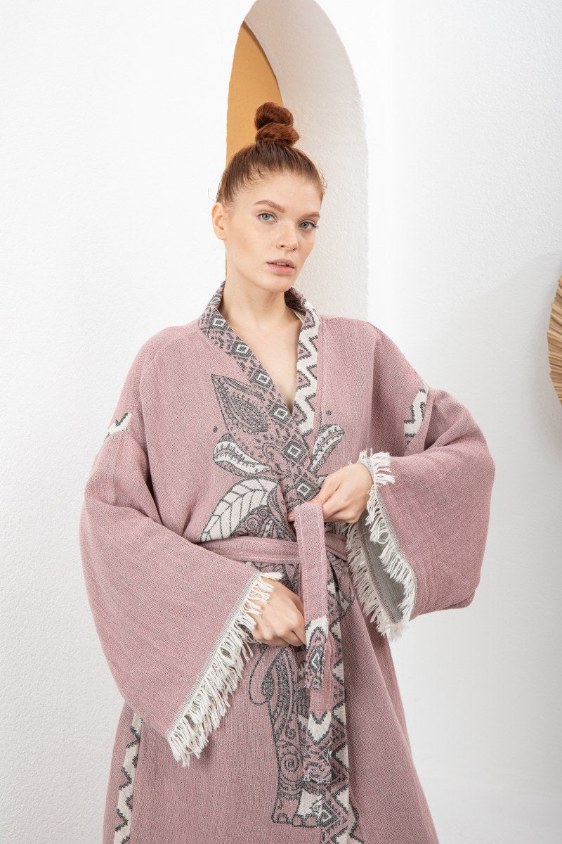 Bohem Kadın Fil Desenli Doğal Kumaş Kimono Bornoz Kaftan