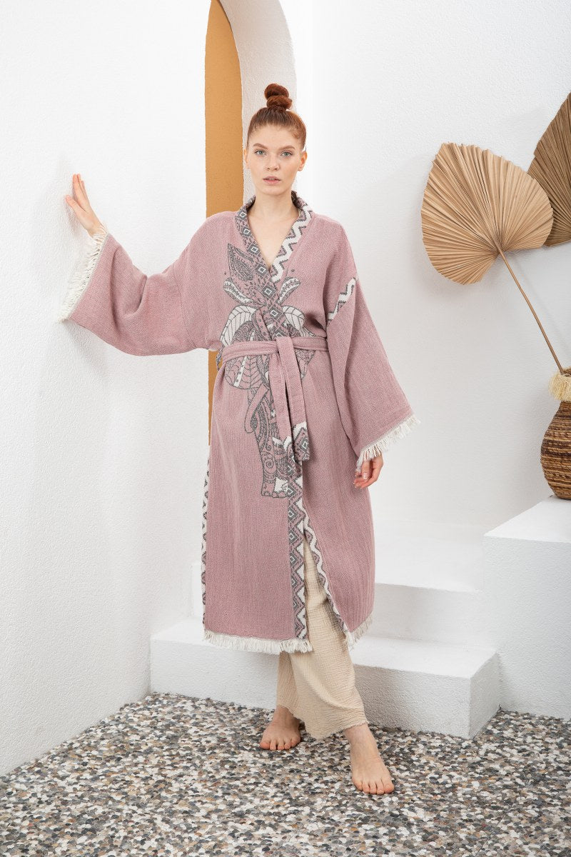 Bohem Kadın Fil Desenli Doğal Kumaş Kimono Bornoz Kaftan