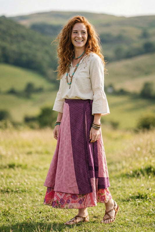 Çift Taraflı Bağlamalı İpek Etek – Gül Kurusu Desenli (Nepal)