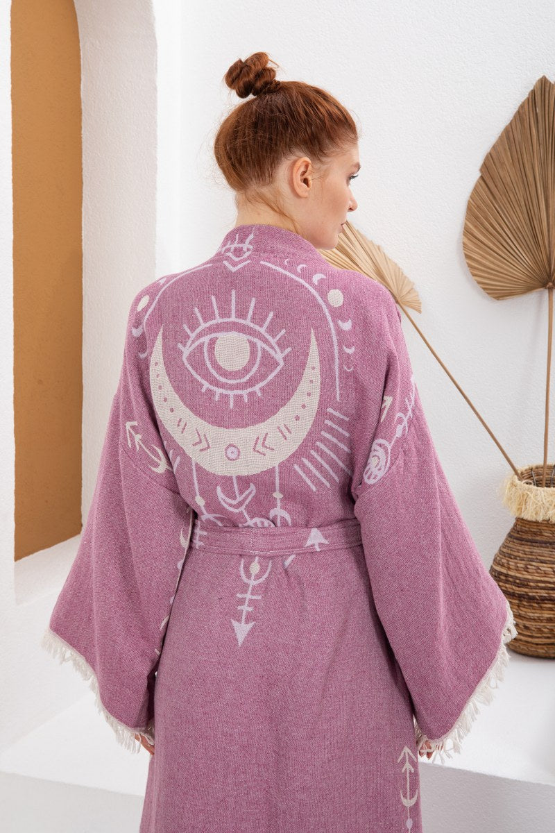 Gül Kurusu Bohem Göz Deseli Doğal Kumaş Kimono