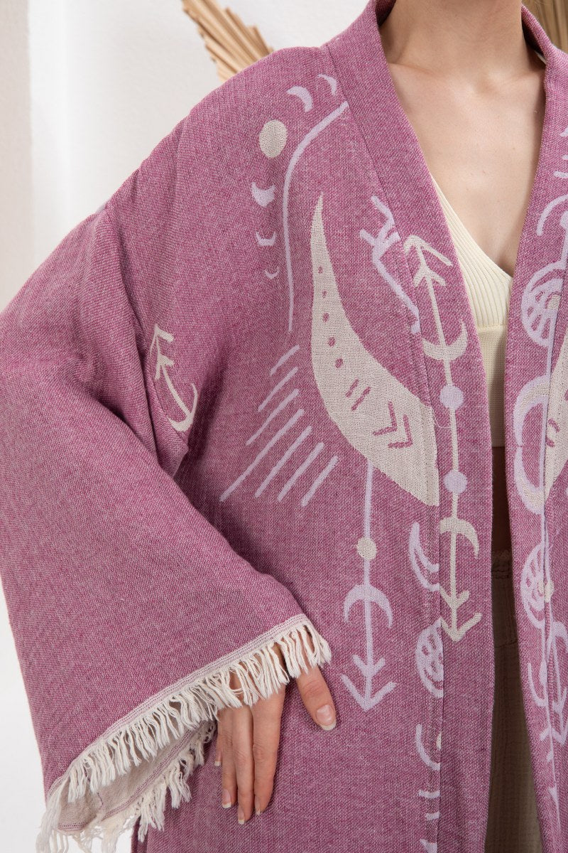 Gül Kurusu Bohem Göz Deseli Doğal Kumaş Kimono