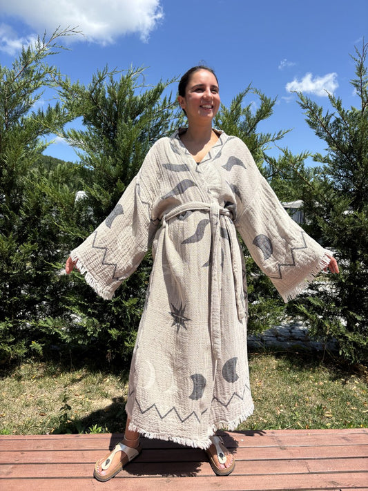 Güneş Desenli Unisex Pamuk Kaftan