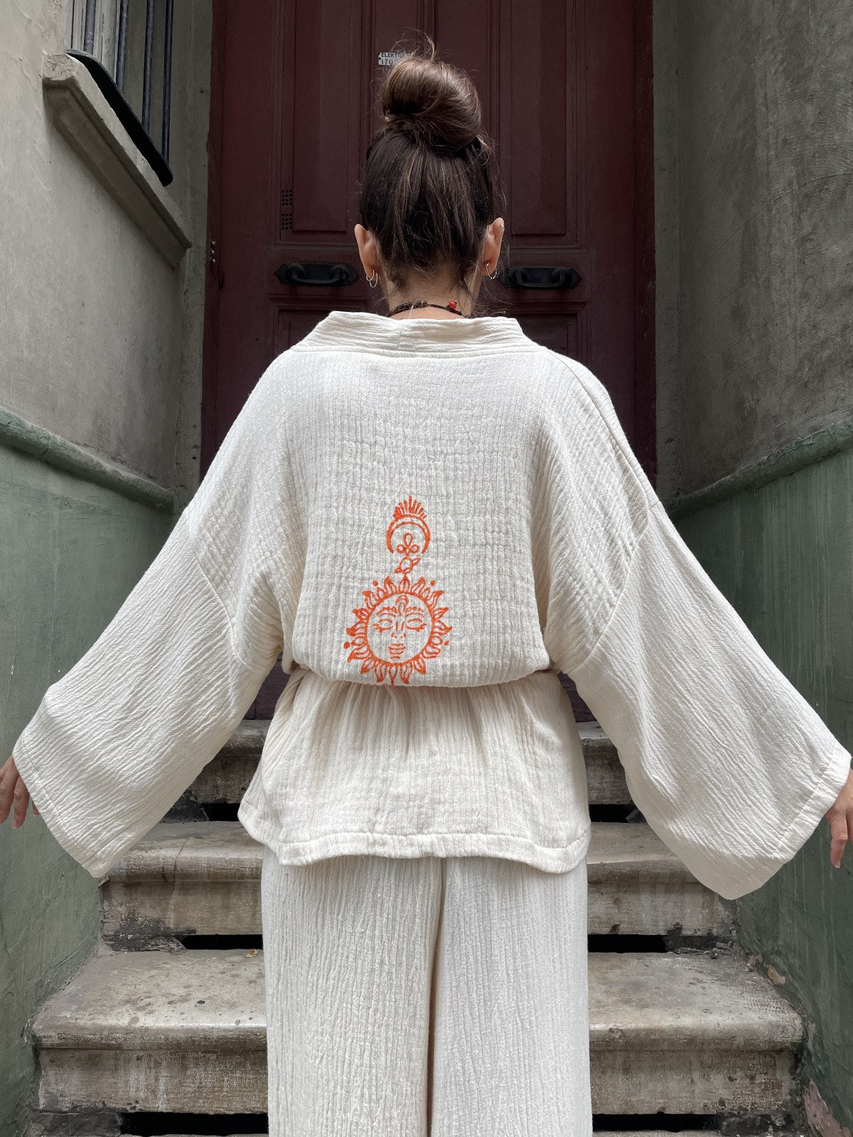 Turuncu Güneş Bohem Kadın Yoga Doğal Kumaş Kimono Takım Yoga Takımı