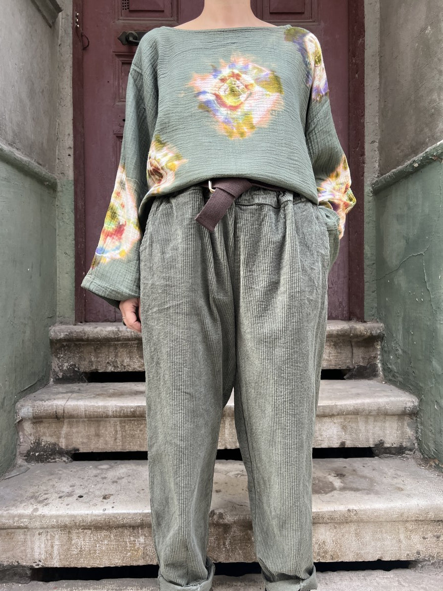 Kadın Kadife Pantolon Haki – Belden Lastikli, Cepli, Özel Kemerli