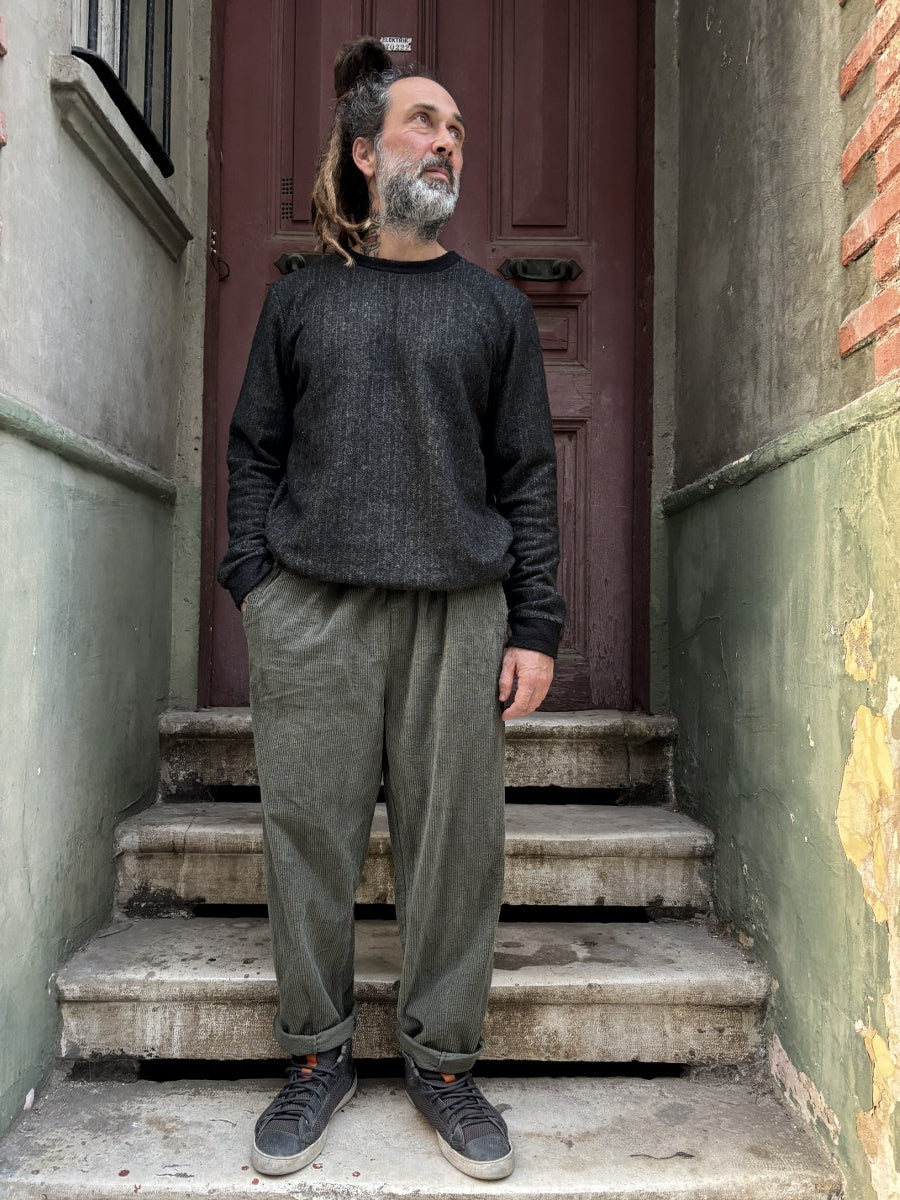 Unisex Fitilli Kışlık Kadife Pantolon Haki