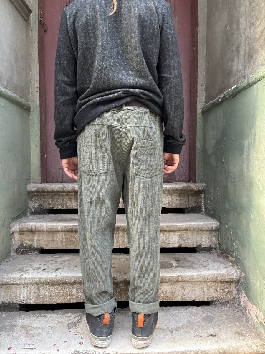 Unisex Fitilli Kışlık Kadife Pantolon Haki