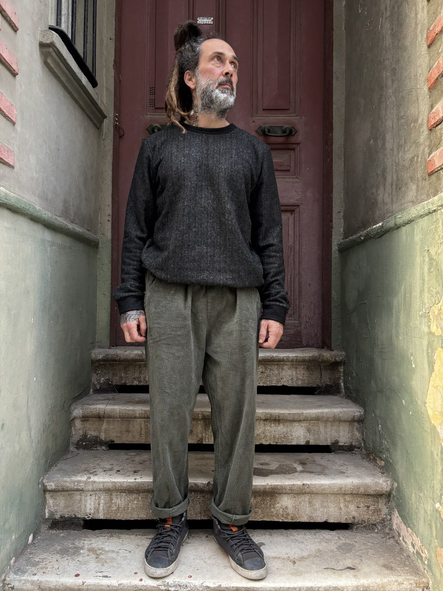 Unisex Fitilli Kışlık Kadife Pantolon Haki