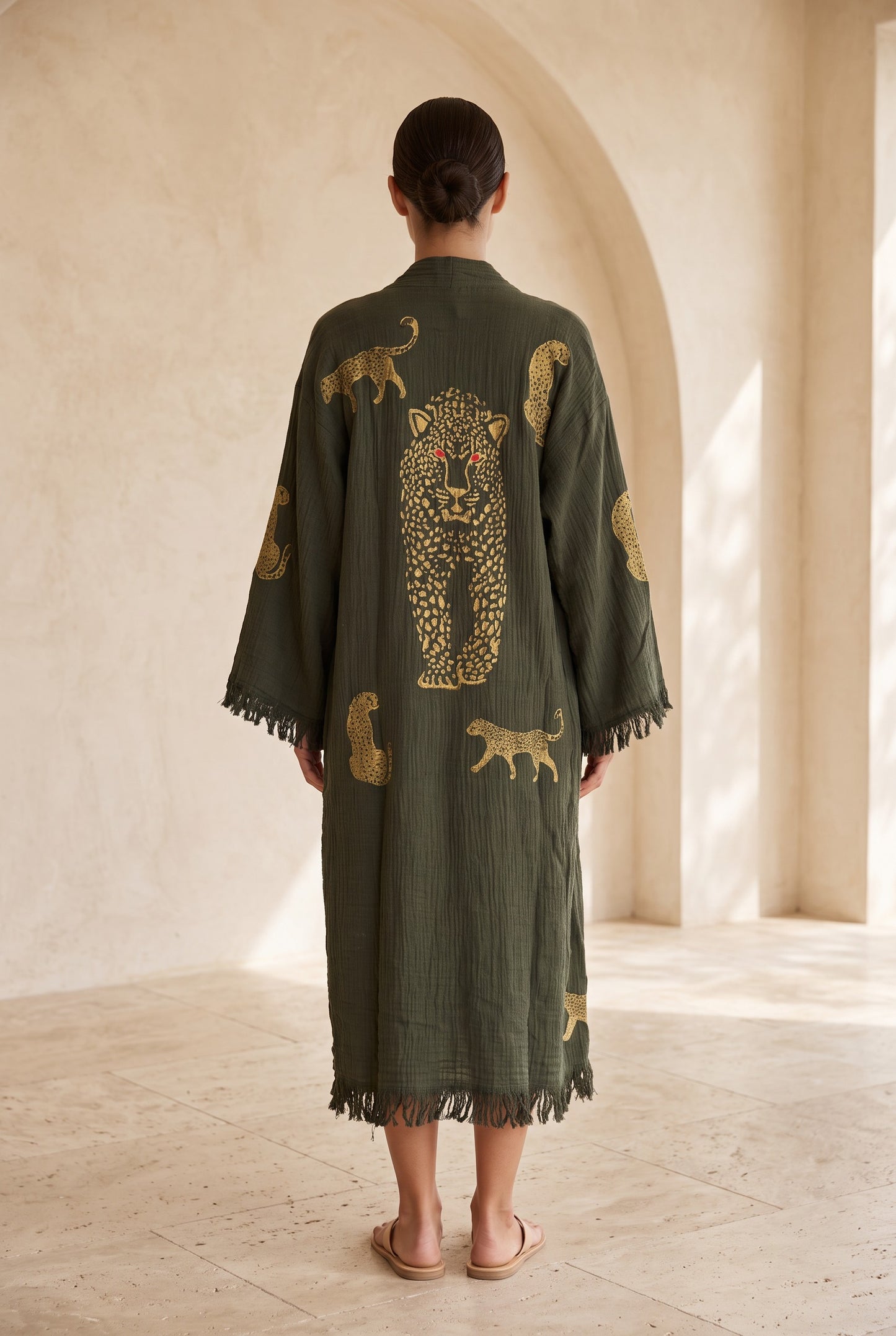 Sahara Leopar Desenli Müslin Kimono Kaftan – Haki