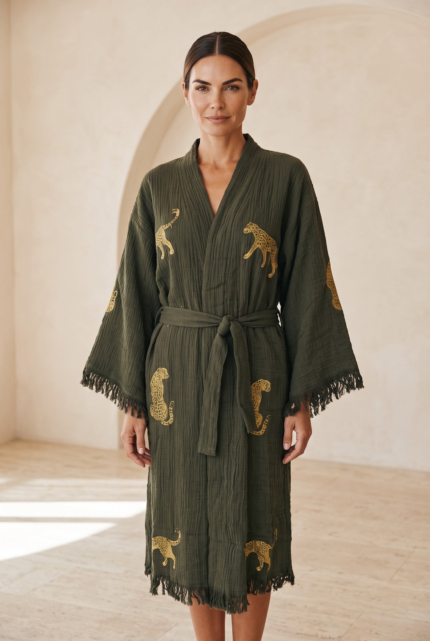 Sahara Leopar Desenli Müslin Kimono Kaftan – Haki