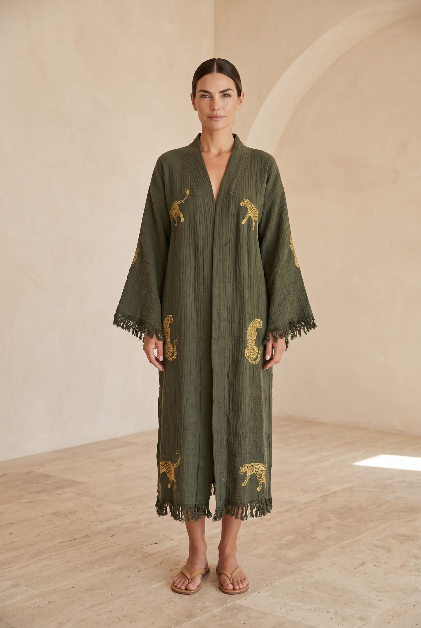 Sahara Leopar Desenli Müslin Kimono Kaftan – Haki