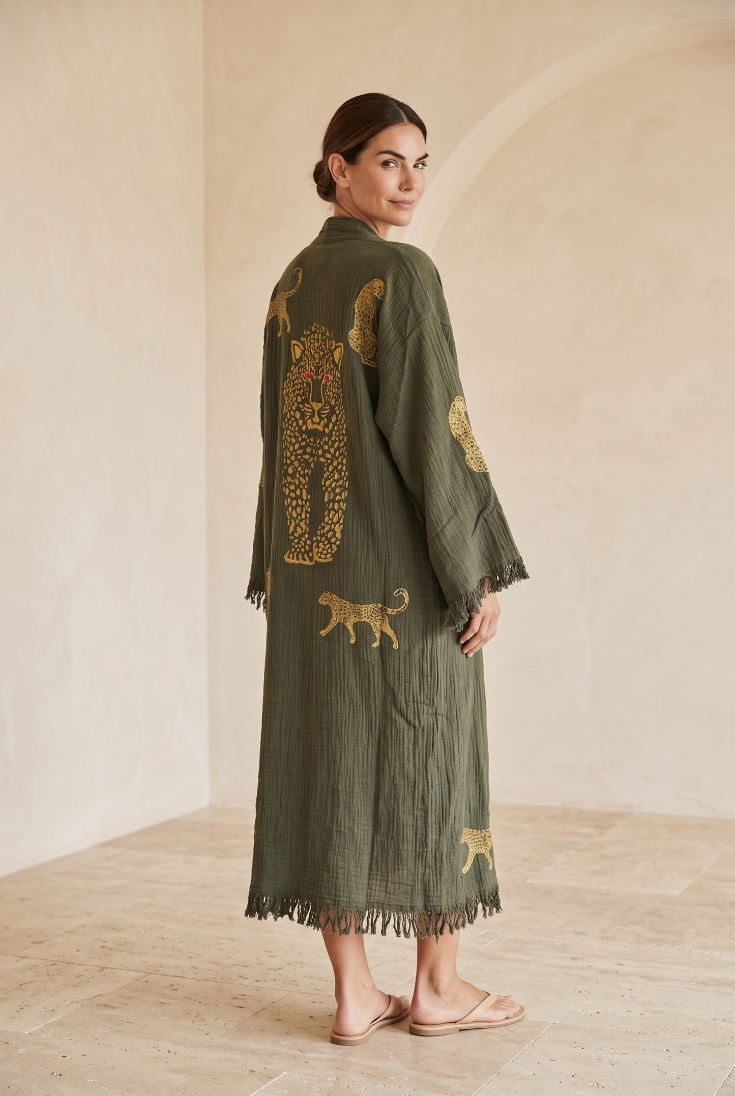 Sahara Leopar Desenli Müslin Kimono Kaftan – Haki