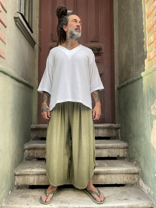 Bohem Erkek Bol Paça Kapri Pantolon – Lastikli Bel - Haki