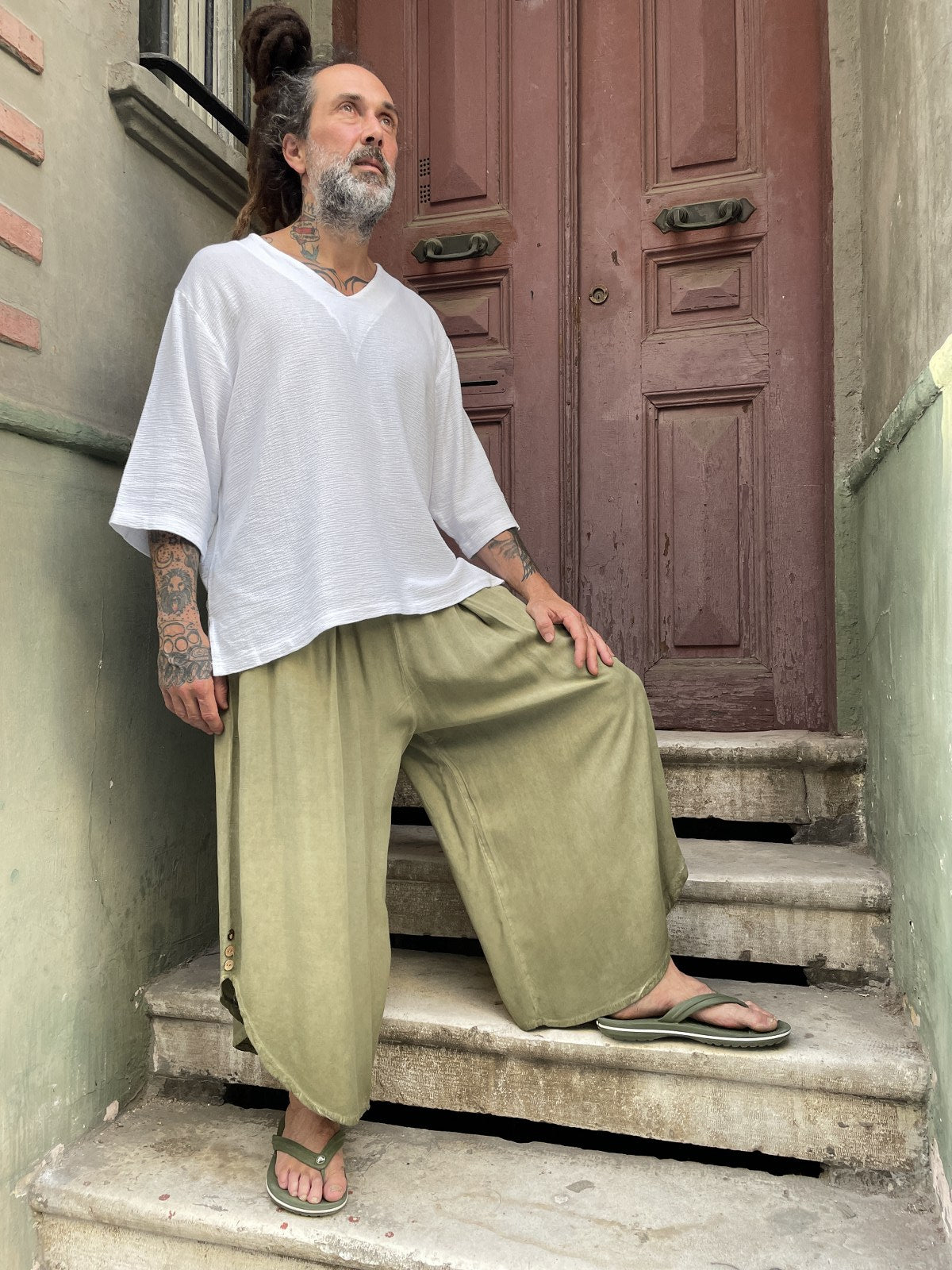 Bohem Erkek Bol Paça Kapri Pantolon – Lastikli Bel - Haki