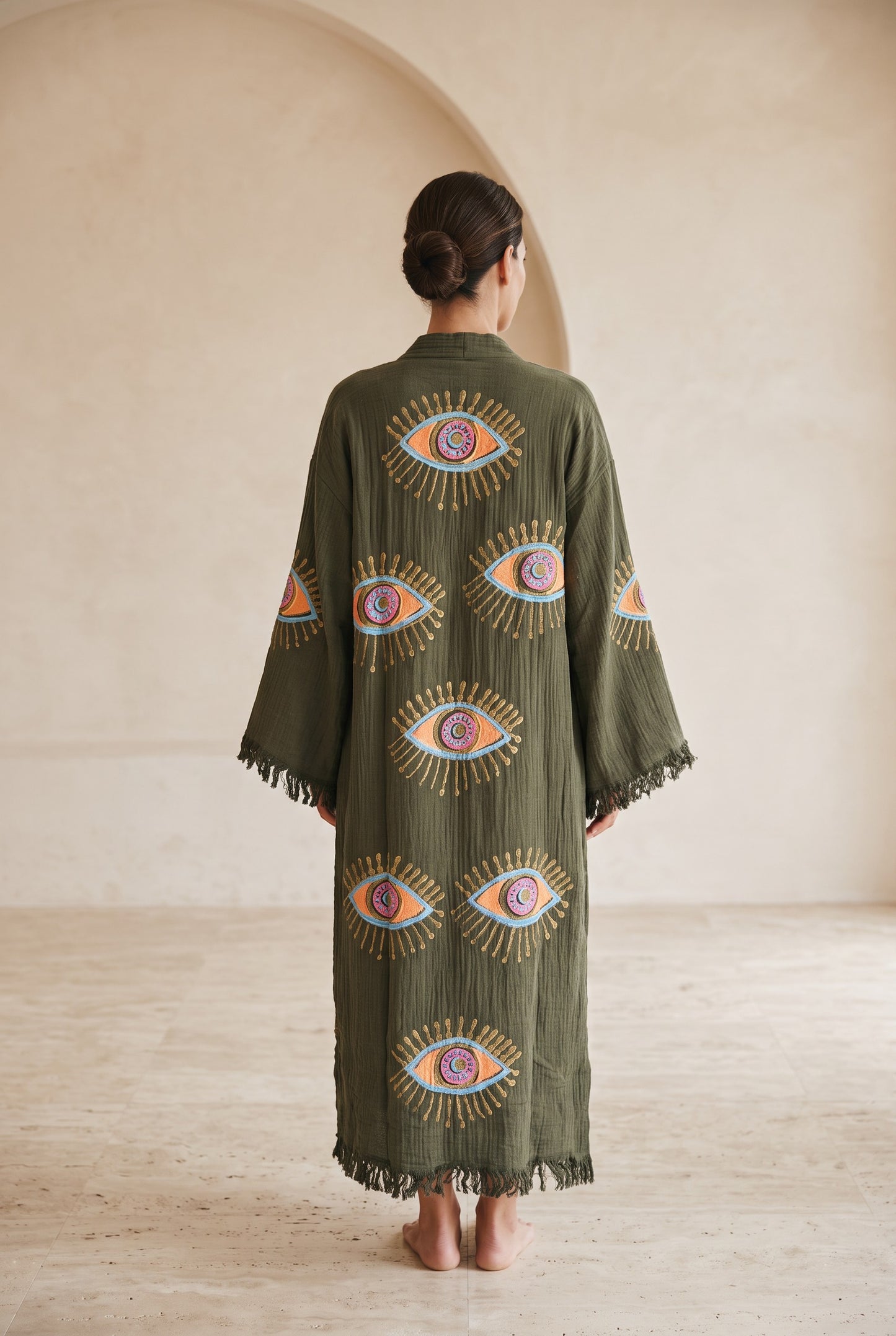Göz Desenli Müslin Kimono Kaftan – Haki