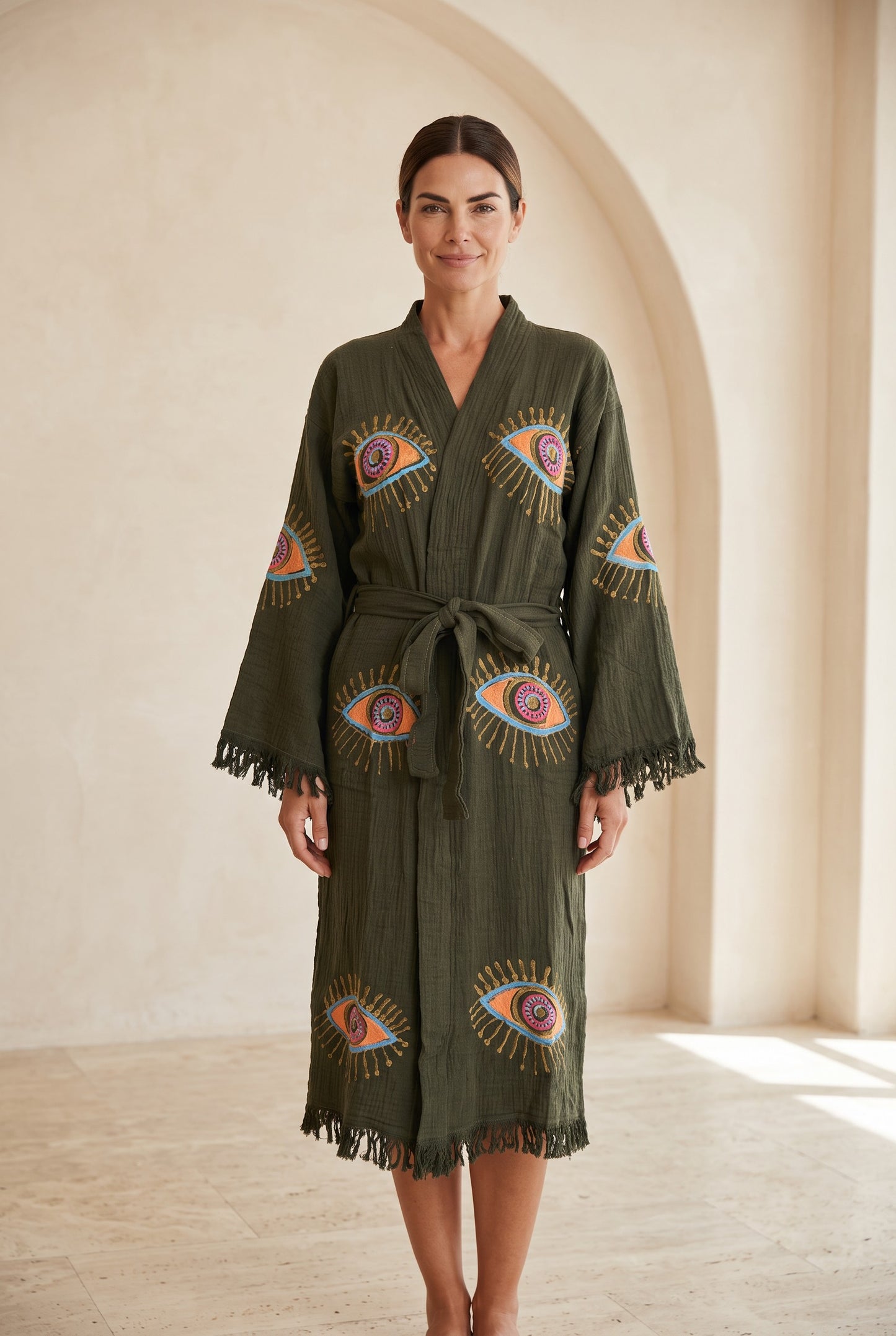 Göz Desenli Müslin Kimono Kaftan – Haki