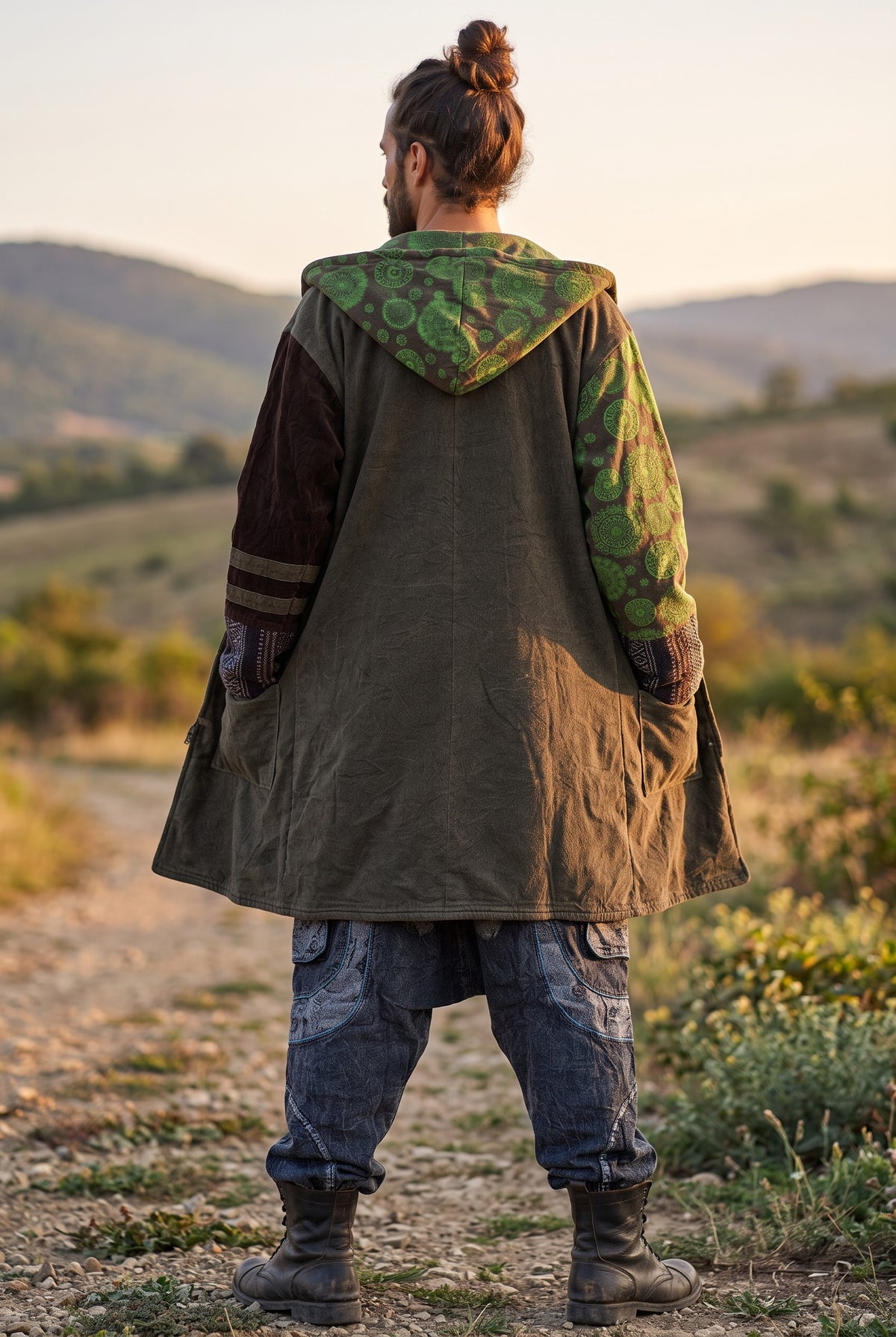 Unisex Nepal Etnik Patchwork Polar Astarlı Uzun Kapüşonlu Ceket Mont – Haki Yeşil